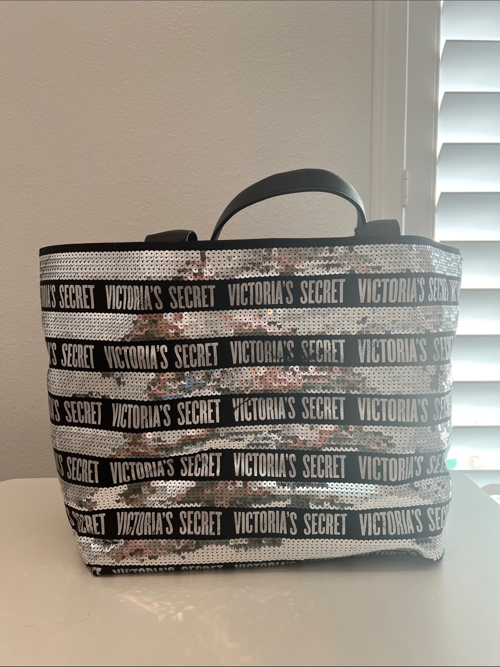 Victoria's Secret Black & Silver Sequin Logo Tote Bag